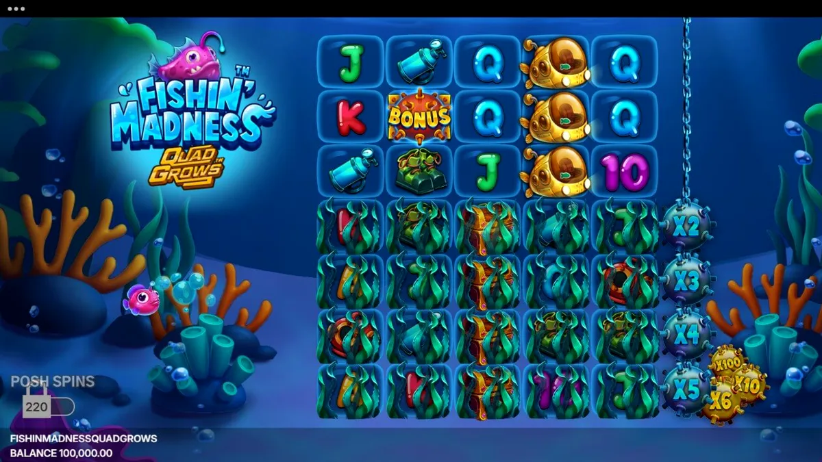 Tampilan visual slot Fishin’ Madness Quadgrows dengan tema bawah laut