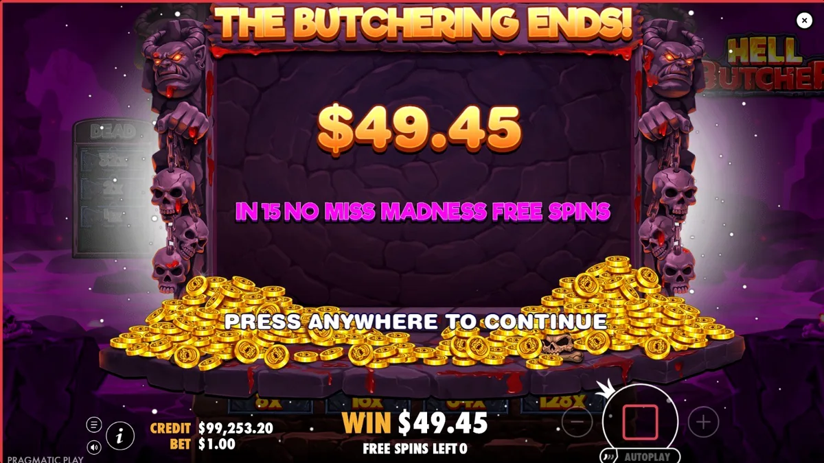 Tampilan visual slot Hell Butcher dengan tema ruang penyiksaan yang gelap dan mencekam.
